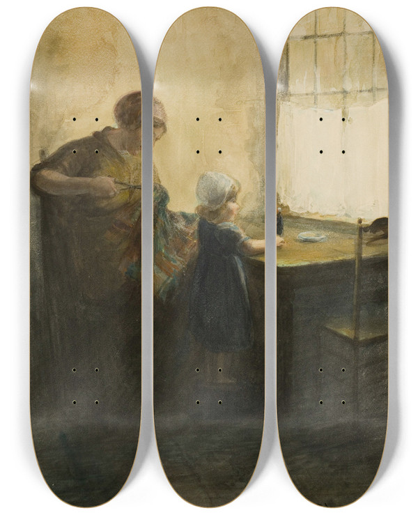 Triptych art skateboard deck of Bernardus Johannes Blommers The Little Helper by Bernardus Johannes Blommers (1845-1915)