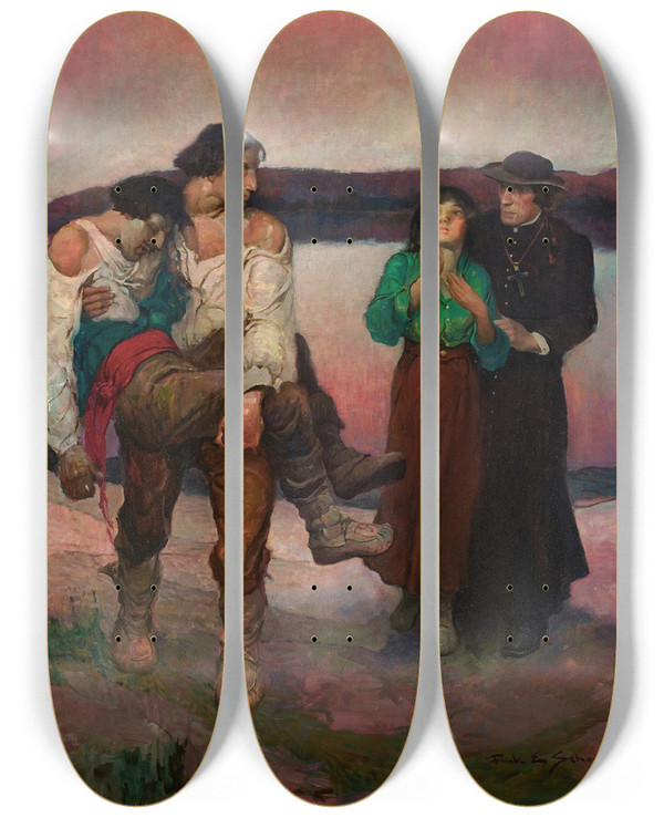 Triptych art skateboard deck of Frank Earle Schoonover Wounded Lover by Frank Earle Schoonover (1877-1972)