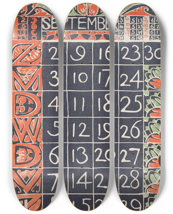 Triptych art skateboard deck of Carel Adolph Lion Cachet Kalenderblad September 1900 by Carel Adolph Lion Cachet (1864-1945)