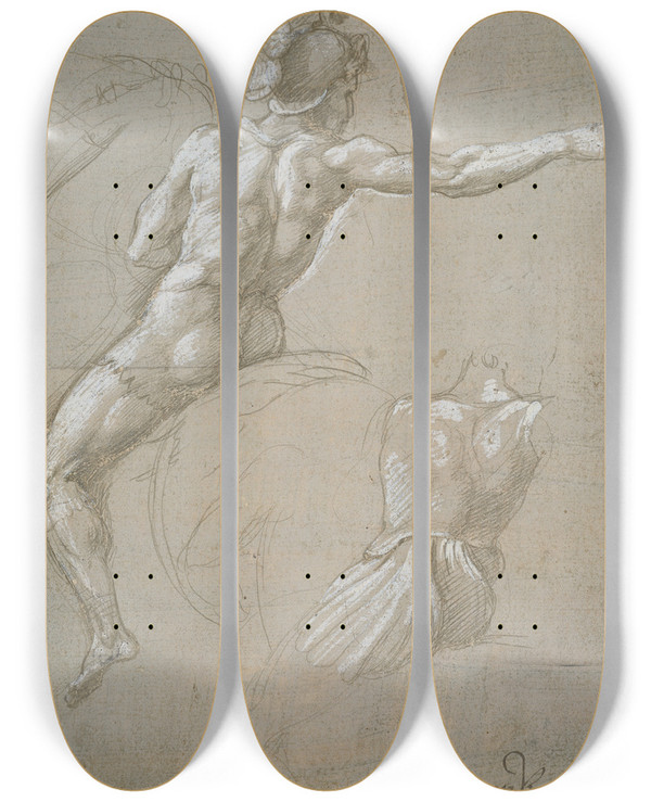 Triptych art skateboard deck of Raphael Study Of A Warrior On Horseback by Raphael (1483-1520)