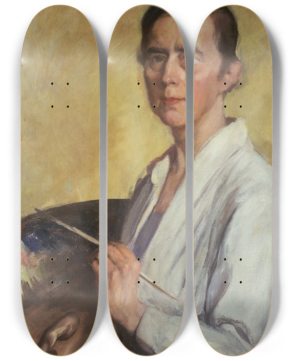 Triptych art skateboard deck of Mathilde Battenberg Selfportrait by Mathilde Battenberg