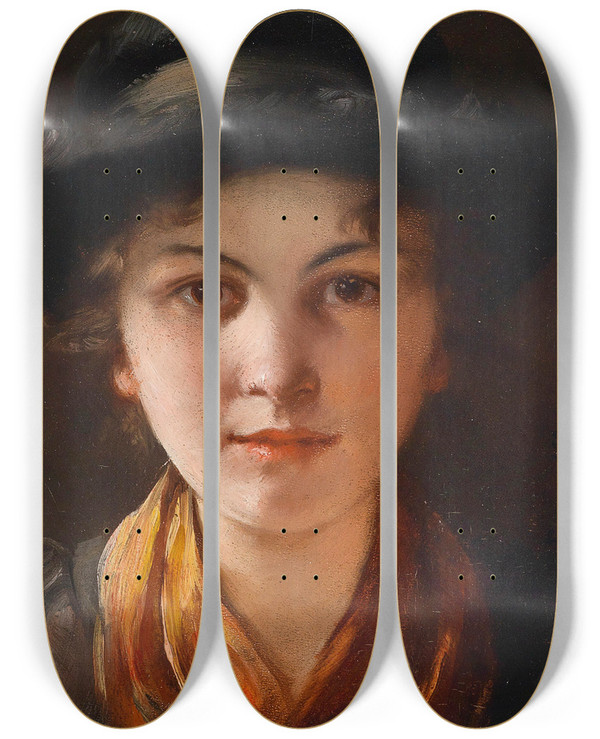 Triptych art skateboard deck of Emma Mller Von Seehof Mdchen by Emma Muller Von Seehof (1859-1925)