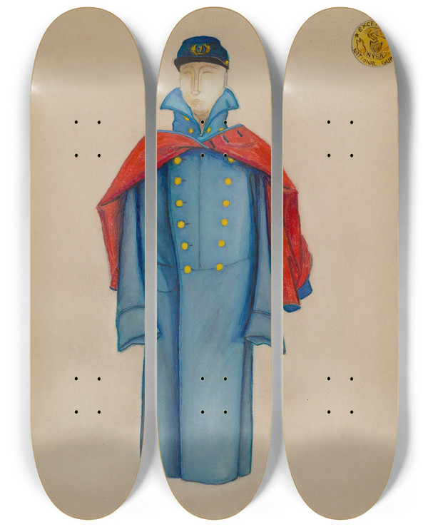 Triptych art skateboard deck of Harold Smith Uniform by Harold Smith