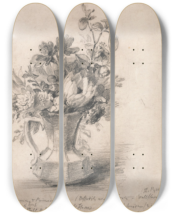 Triptych art skateboard deck of John Constable Flowers In A Pitcher by John Constable (1776-1837)