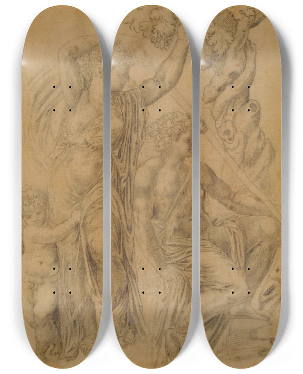 Triptych art skateboard deck of Pirro Ligorio Dos Figuras Y Un Amor by Pirro Ligorio (1512-1583)