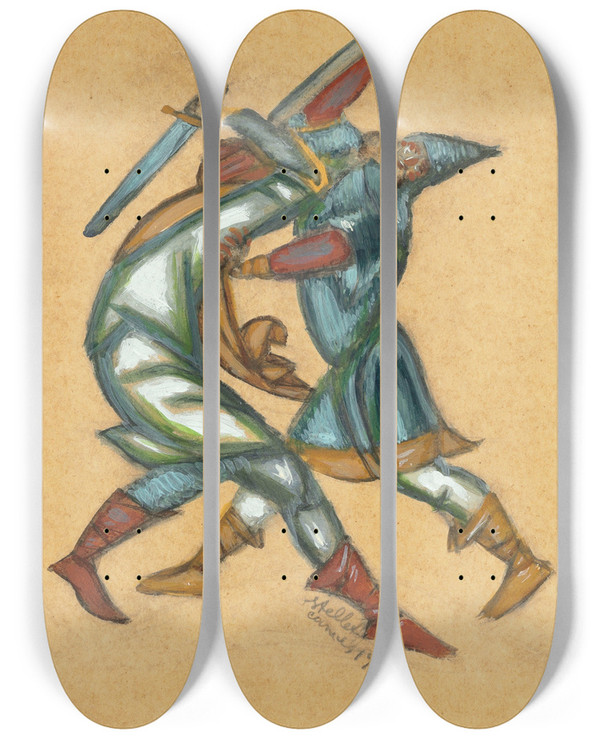 Triptych art skateboard deck of Dmitry Stelletsky The Fight by Dmitry Stelletsky