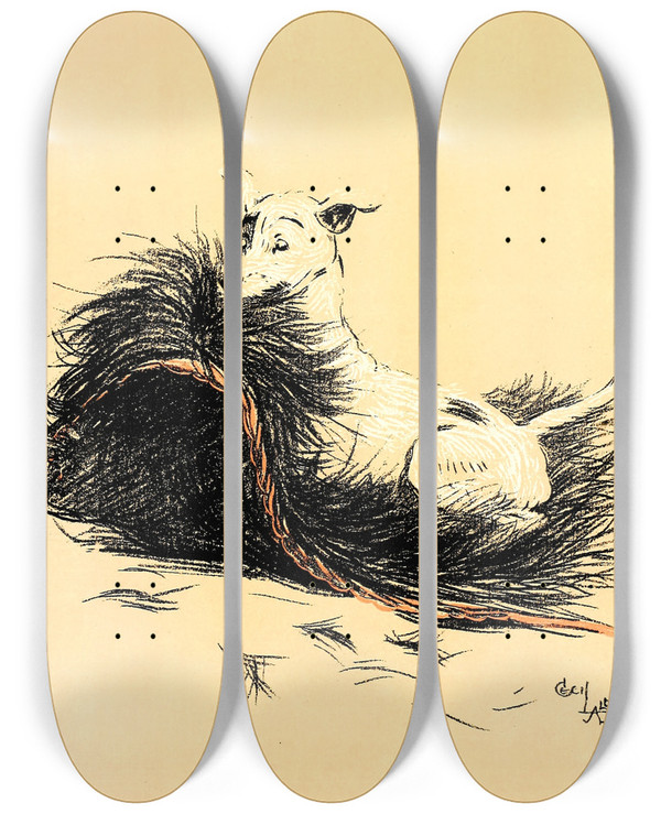 Triptych art skateboard deck of Cecil Charles Windsor Aldin A Dog Day Pl 17 by Cecil Charles Windsor Aldin (1870-1935)