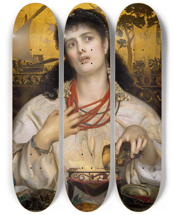 Triptych art skateboard deck of Frederick Sandys Medea by Frederick Sandys (1829-1904)