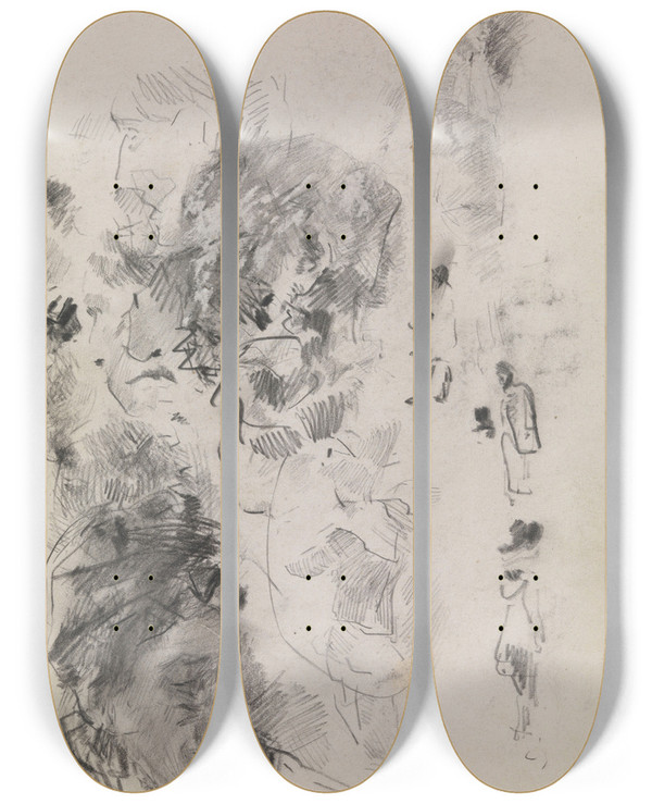 Triptych art skateboard deck of James Ensor Ensors Mother And Silhouettes by James Ensor (1860-1949)