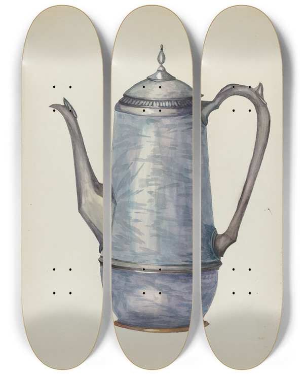 Triptych art skateboard deck of Beulah Bradleigh Pewter Coffee Pot_1 by Beulah Bradleigh