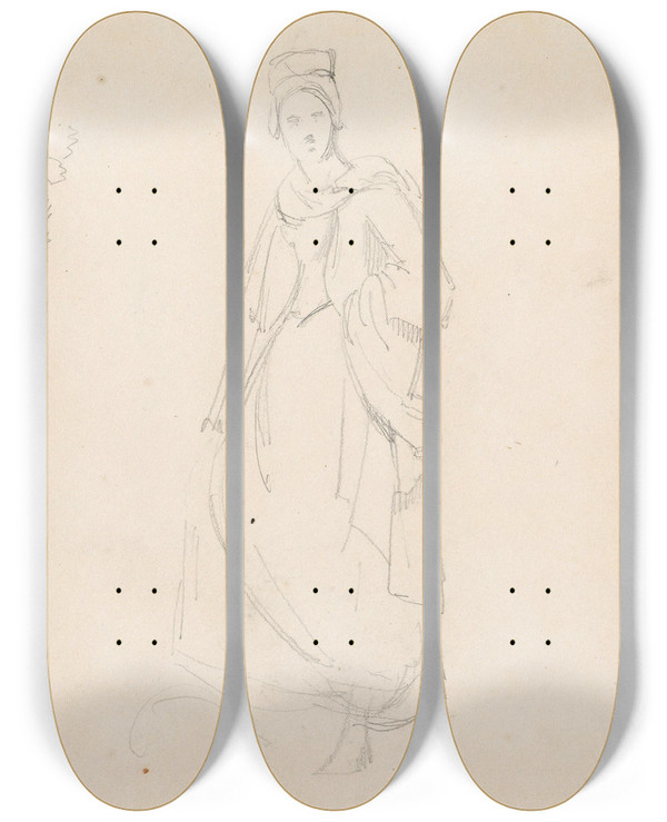 Triptych art skateboard deck of Adolph Tidemand Female Figure_2 by Adolph Tidemand (1814-1876)