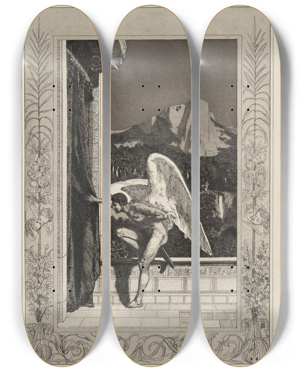 Triptych art skateboard deck of Max Klinger Amor Kommend Amor Und Psyche Opus V Blatt 12 by Max Klinger (1857-1920)