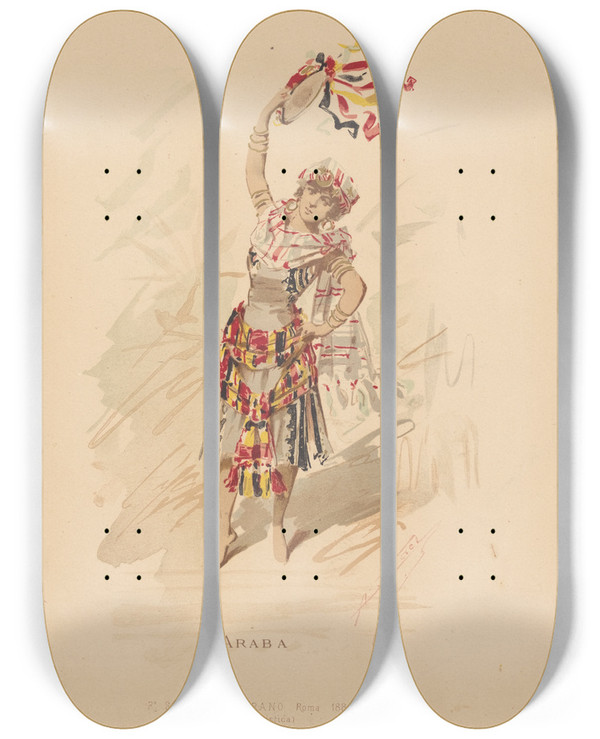 Triptych art skateboard deck of Alfredo Edel Araba by Alfredo Edel (1856-1912)