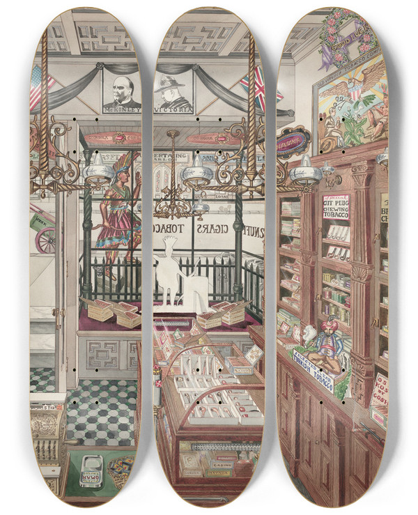 Triptych art skateboard deck of Perkins Harnly Cigar Store 1901 by Perkins Harnly (1901-1986)