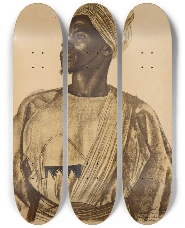 Triptych art skateboard deck of Alexandre Jacovleff Gadem Chasseur Delephants Birao by Alexandre Jacovleff (1887-1938)