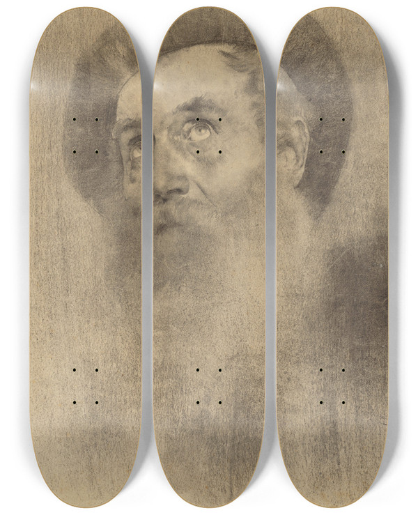 Triptych art skateboard deck of Kos Aranyossy Tdia Hlavy Starca V Klobku by kos Aranyossy