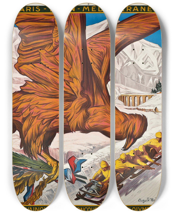 Triptych art skateboard deck of Auguste Matisse Chamonix Montblanc Viiime Olympiade 1924 by Auguste Matisse (1866-1931)