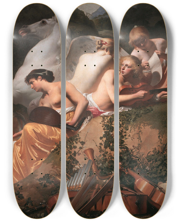 Triptych art skateboard deck of Caesar Van Everdingen Four Muses And Pegasus by Caesar Van Everdingen (1617-1678)