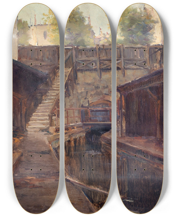 Triptych art skateboard deck of Germain Eugne Bonneton Bras Gauche De La Bivre Boulevard Arago by Germain Eugene Bonneton (1874-1915)