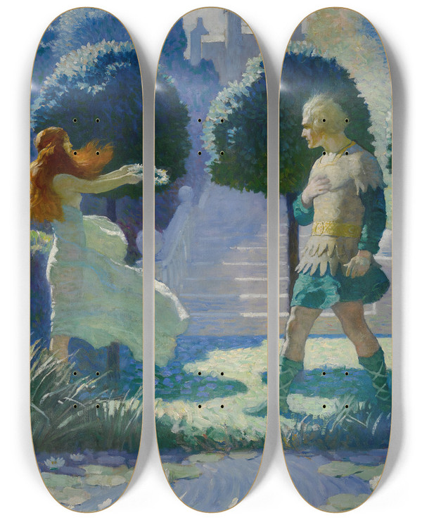 Triptych art skateboard deck of N C Wyeth Ogier And Morgana by N C Wyeth (1882-1945)