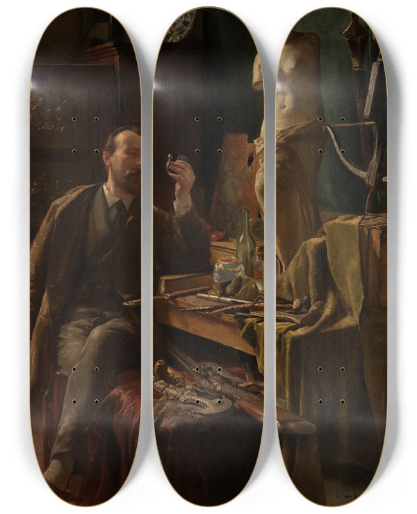Triptych art skateboard deck of Louis Van Engelen Self Portrait In Studio by Louis Van Engelen (1856-1940)