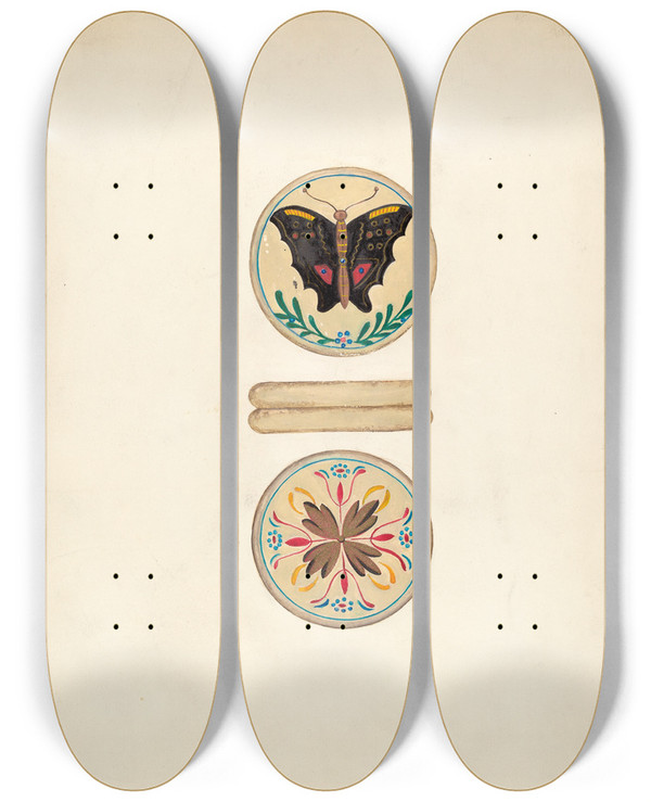 Triptych art skateboard deck of Ann Gene Buckley Snuff Box by Ann Gene Buckley