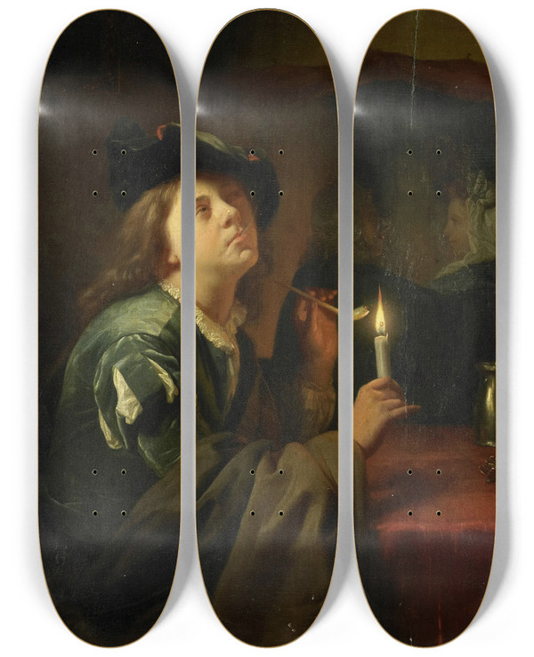 Triptych art skateboard deck of Godfried Schalcken Differing Tastes by Godfried Schalcken (1643-1706)