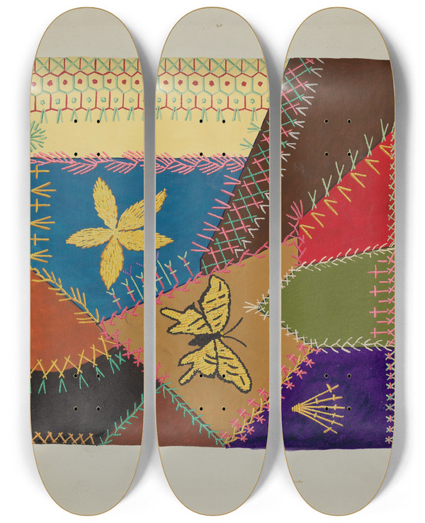 Triptych art skateboard deck of Ruth M Barnes Crazy Quilt Section by Ruth M Barnes