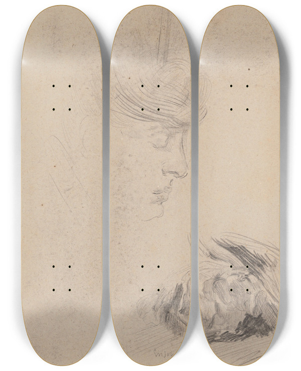 Triptych art skateboard deck of James Ensor The Artists Sister Mitche And Figure by James Ensor (1860-1949)