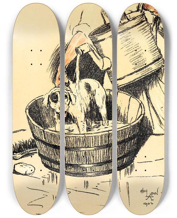 Triptych art skateboard deck of Cecil Charles Windsor Aldin A Dog Day Pl 04 by Cecil Charles Windsor Aldin (1870-1935)