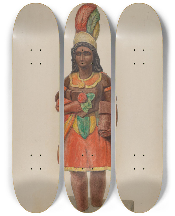 Triptych art skateboard deck of Bisby Finley Cigar Store Indian by Bisby Finley