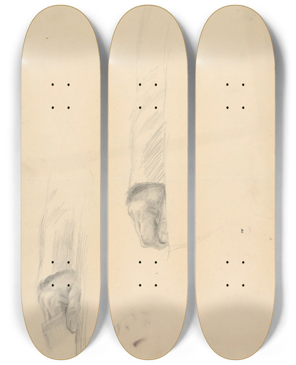 Triptych art skateboard deck of Gustv Mall Hands Study by Gustav Mally (1879-1952)