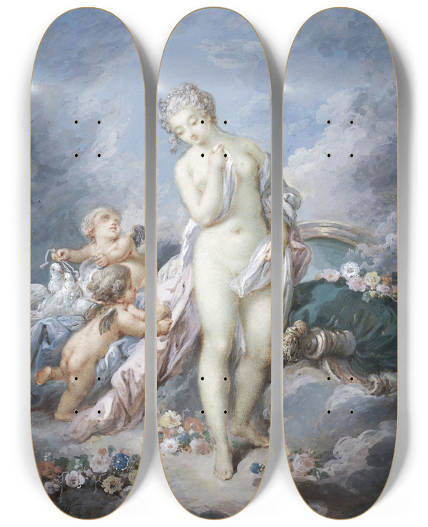Triptych art skateboard deck of Jacques Charlier Le Lever De Vnus by Jacques Charlier (1720-1790)