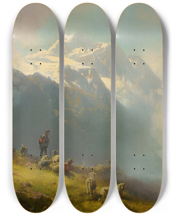 Triptych art skateboard deck of Hermann Ottomar Herzog A Shepherd With His Flock by Hermann Ottomar Herzog (1831-1932)