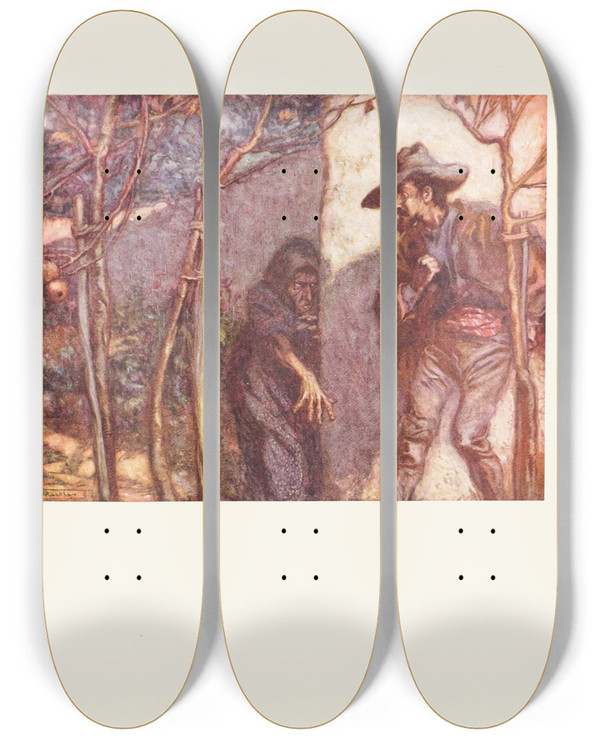 Triptych art skateboard deck of Arthur Rackham When He Went Over The Wall He Was Terrified To See The Witch Before Him by Arthur Rackham (1867-1939)