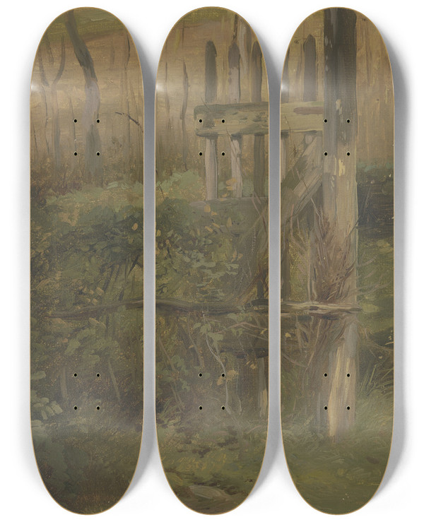 Triptych art skateboard deck of Jakob Becker Gartentor Aufs Feld Fhrend by Jakob Becker (1810-1872)