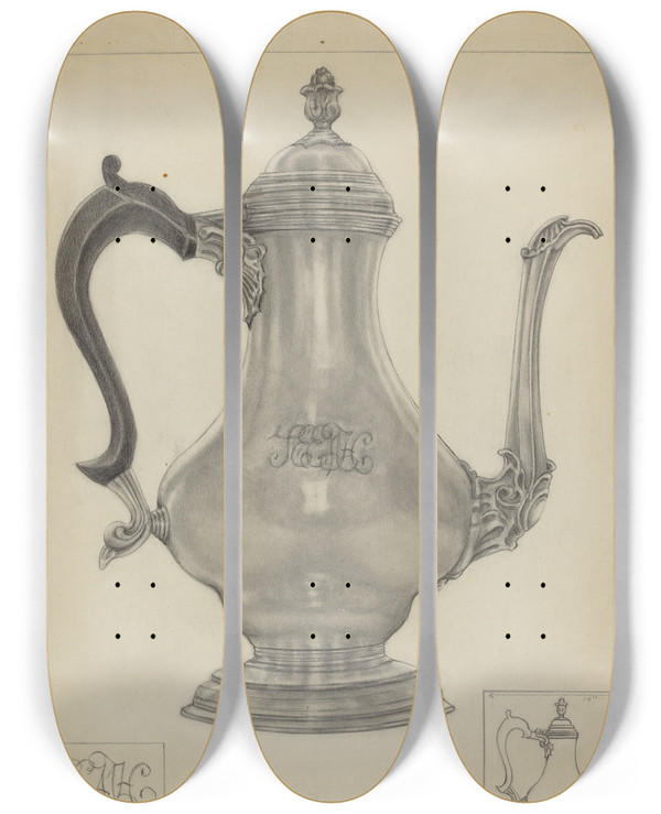 Triptych art skateboard deck of Irene Malawicz Silver Coffee Pot by Irene Malawicz