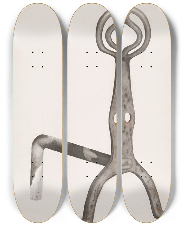 Triptych art skateboard deck of Natalie Simon Wrought Iron Andiron by Natalie Simon