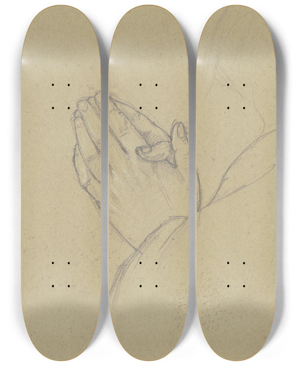 Triptych art skateboard deck of Jakob Becker Hnde Einer Betenden Person by Jakob Becker (1810-1872)