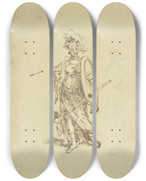 Triptych art skateboard deck of Pieter Tanj Stehende Kriegerin by Pieter Tanje (1706-1761)
