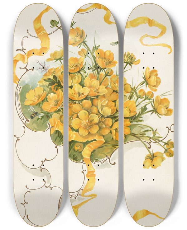 Triptych art skateboard deck of Louis Prang Buttercups by Louis Prang (1824-1909)