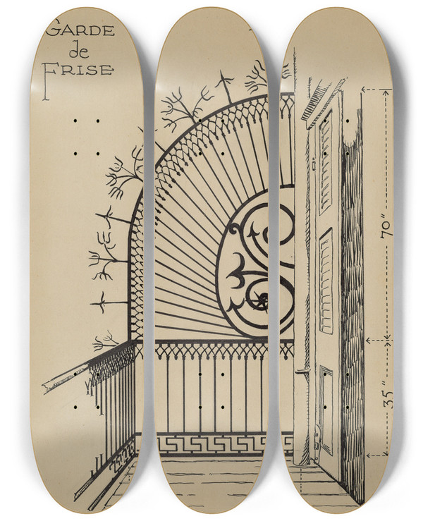 Triptych art skateboard deck of Al Curry Iron Balcony Garde by Al Curry (20-)