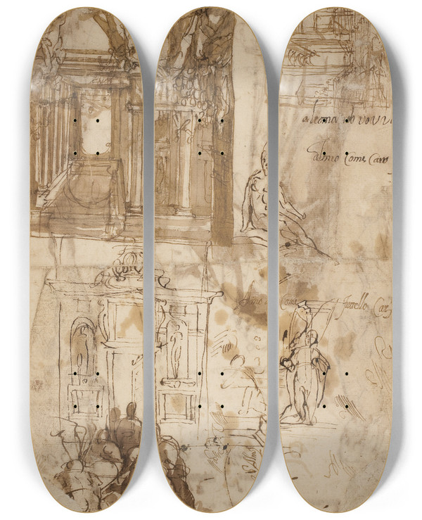 Triptych art skateboard deck of Maganza To Arkitektoniske Kompositionsstudier En Arkitektonisk Skitse Af Samme Og To Figurstudier by Maganza