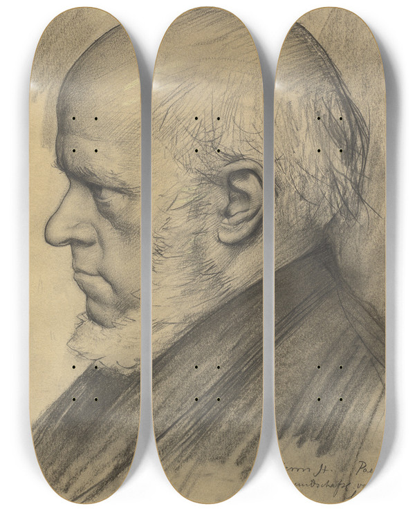 Triptych art skateboard deck of Karl Staufferbern Adolph Menzel by Karl Stauffer-Bern (1857-1891)