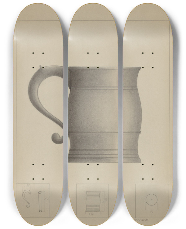 Triptych art skateboard deck of Sidney Liswood Pewter Mug by Sidney Liswood