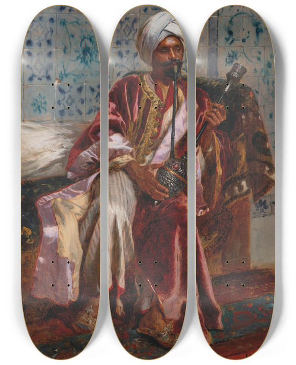 Triptych art skateboard deck of Rudolf Ernst Arab Smoking A Nargilah by Rudolf Ernst (1854-1932)