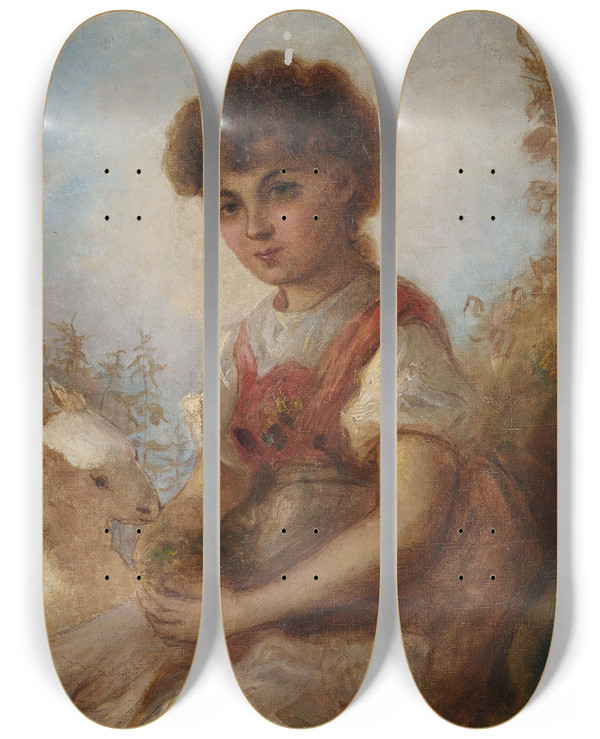 Triptych art skateboard deck of Anselm Feuerbach Kleines Mdchen Mit Einer Ziege by Anselm Feuerbach (1829-1880)