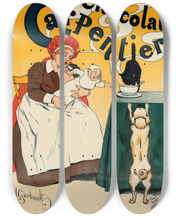 Triptych art skateboard deck of Henry Gerbault Chocolat Carpentier by Henry Gerbault (1863-1930)