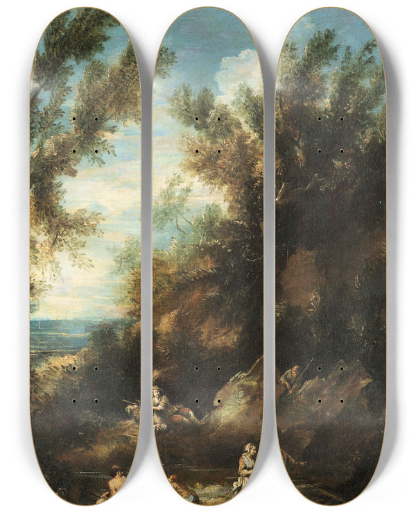 Triptych art skateboard deck of Antonio Francesco Peruzzini Paesaggio Con Figure by Antonio Francesco Peruzzini (1646-1724)