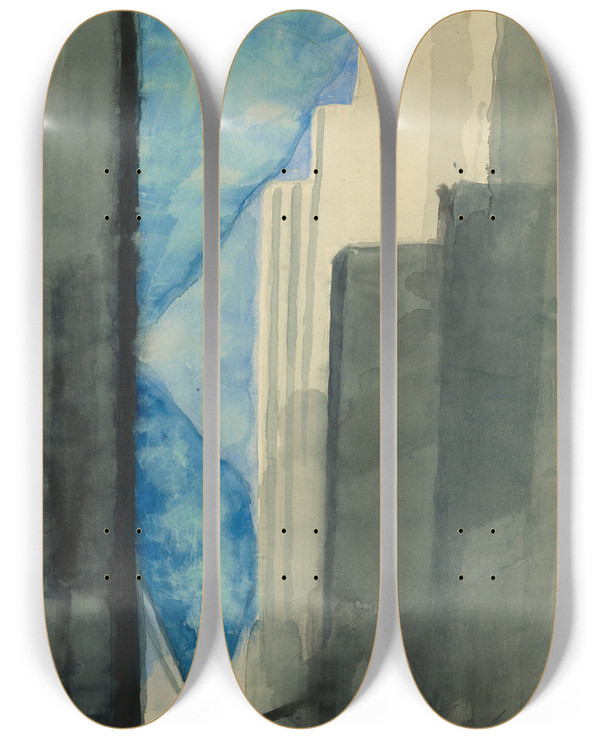 Triptych art skateboard deck of Joseph Stella Skyscrapers by Joseph Stella (1877-1946)